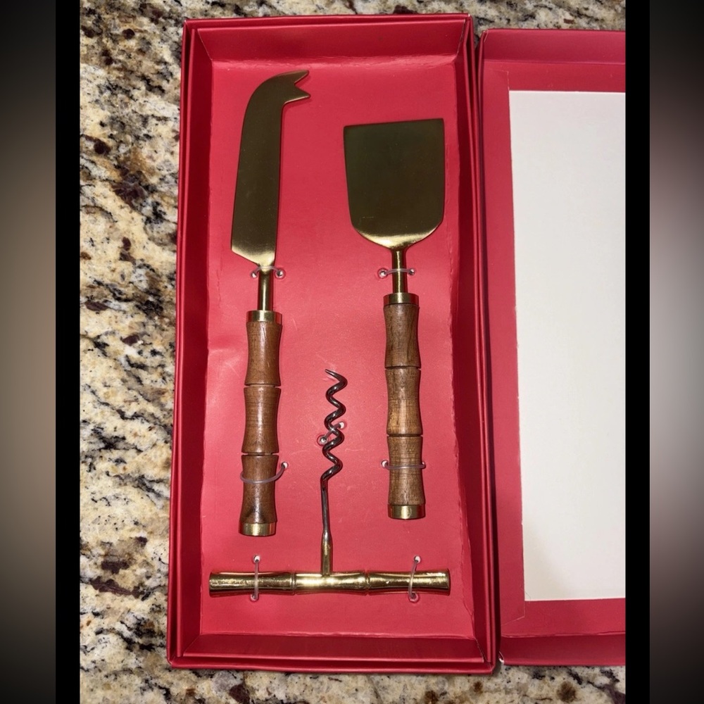 Talbots 3-piece Brass Wintertaining Set Cheese Knives Corkscrew Bamboo Style